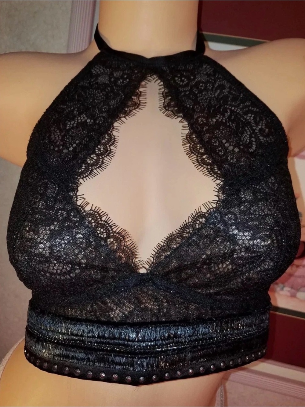 Victoria's Secret Black Lace One-Shoulder Halter Top